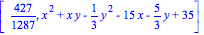[427/1287, x^2+x*y-1/3*y^2-15*x-5/3*y+35]